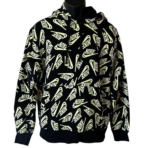 Nike Essentials All Over Print Logo Hoodie Pullover in Volt Black - Picture 1 of 11